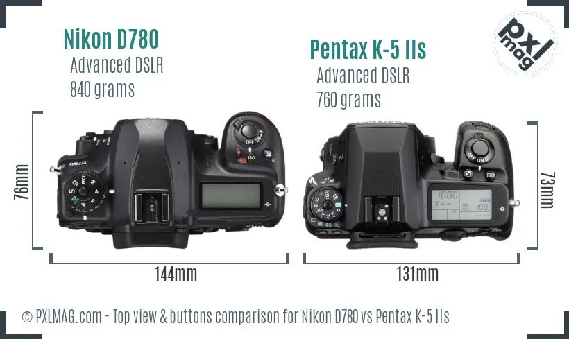 Nikon D780 vs Pentax K-5 IIs top view buttons comparison