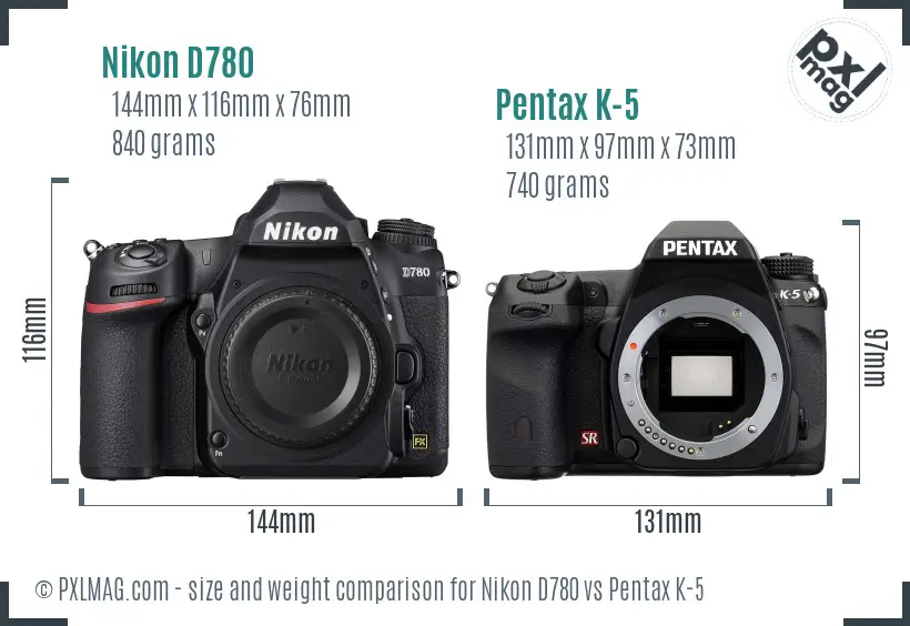 Nikon D780 vs Pentax K-5 size comparison