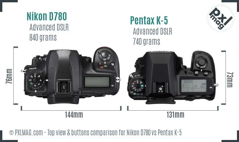 Nikon D780 vs Pentax K-5 top view buttons comparison