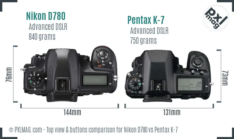 Nikon D780 vs Pentax K-7 top view buttons comparison
