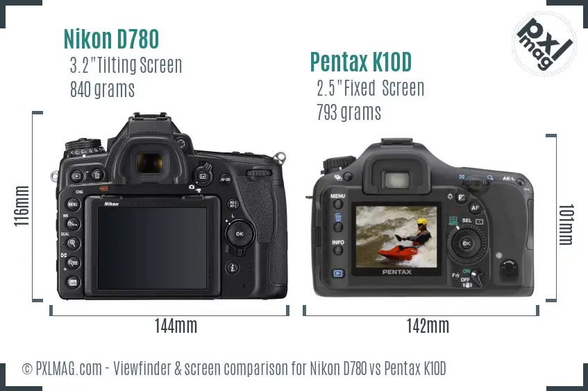 Nikon D780 vs Pentax K10D Screen and Viewfinder comparison