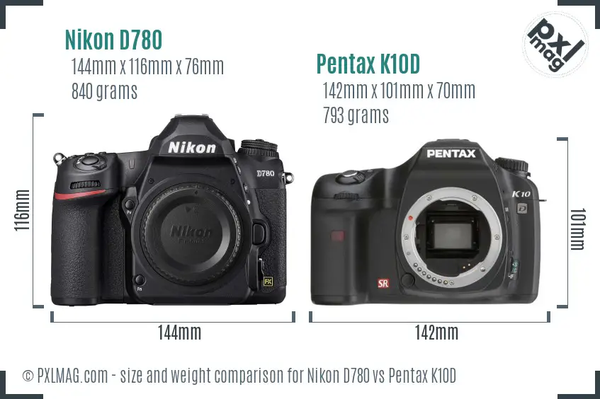 Nikon D780 vs Pentax K10D size comparison
