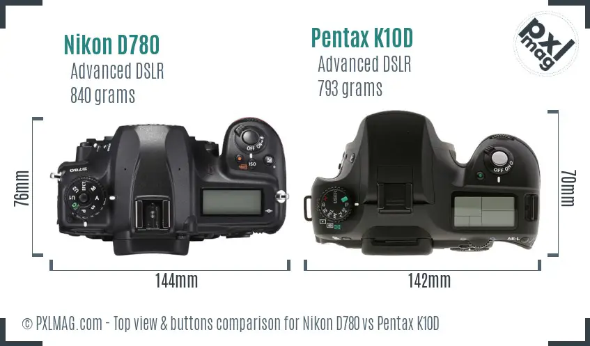 Nikon D780 vs Pentax K10D top view buttons comparison