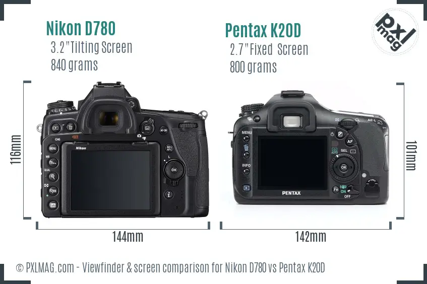 Nikon D780 vs Pentax K20D Screen and Viewfinder comparison
