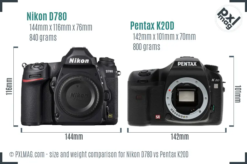 Nikon D780 vs Pentax K20D size comparison