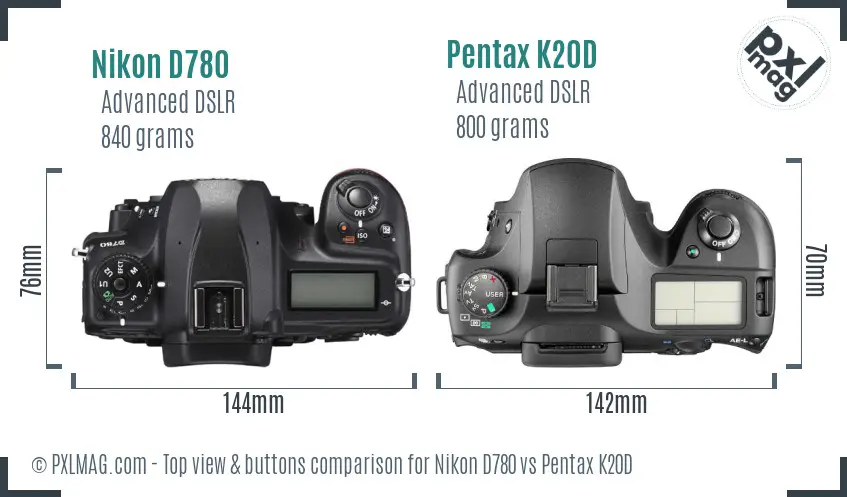 Nikon D780 vs Pentax K20D top view buttons comparison