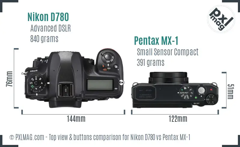 Nikon D780 vs Pentax MX-1 top view buttons comparison