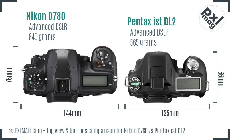 Nikon D780 vs Pentax ist DL2 top view buttons comparison