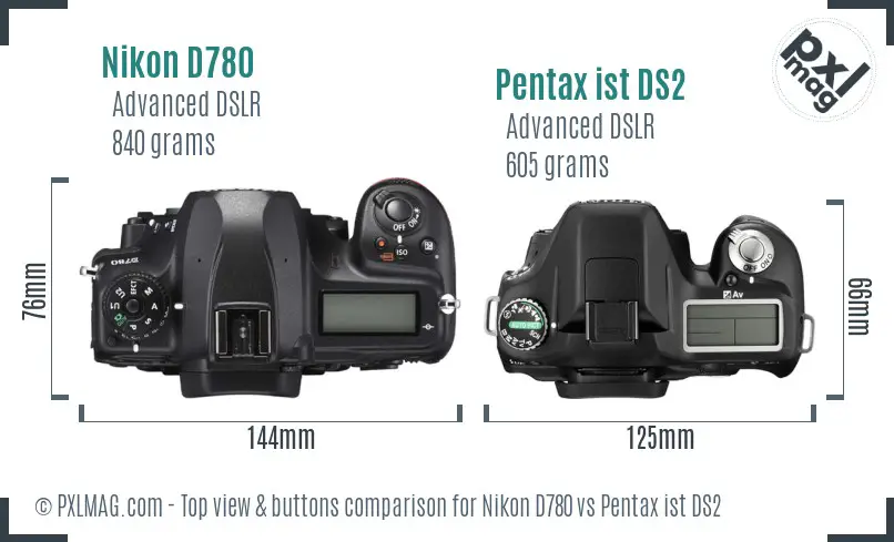 Nikon D780 vs Pentax ist DS2 top view buttons comparison