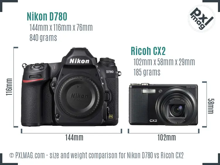 Nikon D780 vs Ricoh CX2 size comparison