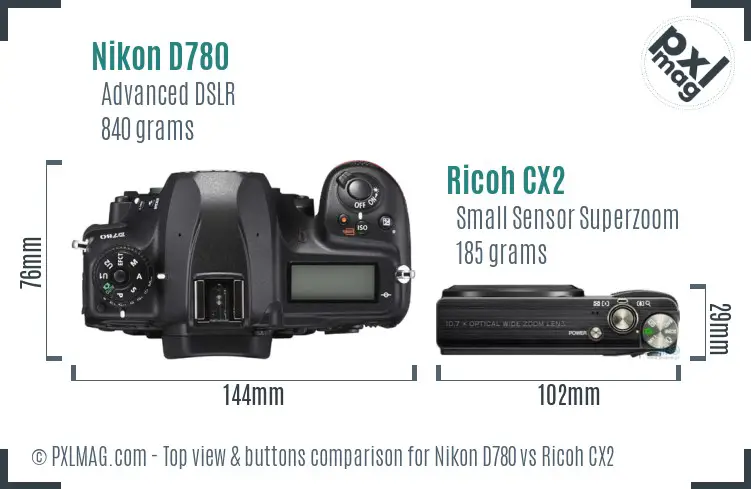 Nikon D780 vs Ricoh CX2 top view buttons comparison