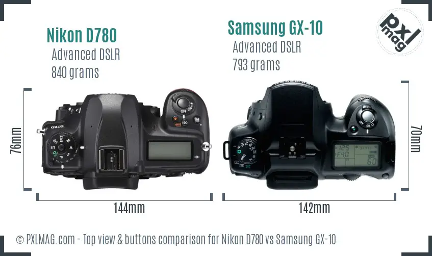 Nikon D780 vs Samsung GX-10 top view buttons comparison