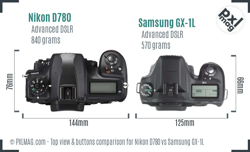 Nikon D780 vs Samsung GX-1L top view buttons comparison