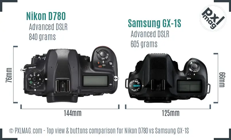 Nikon D780 vs Samsung GX-1S top view buttons comparison