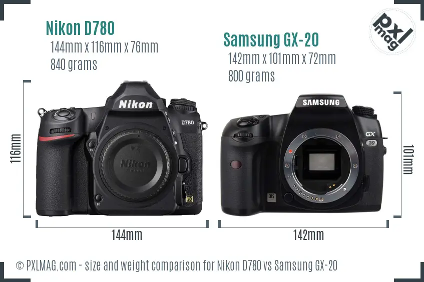 Nikon D780 vs Samsung GX-20 size comparison