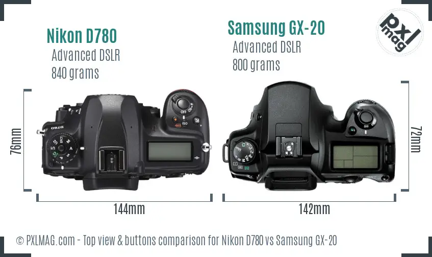 Nikon D780 vs Samsung GX-20 top view buttons comparison