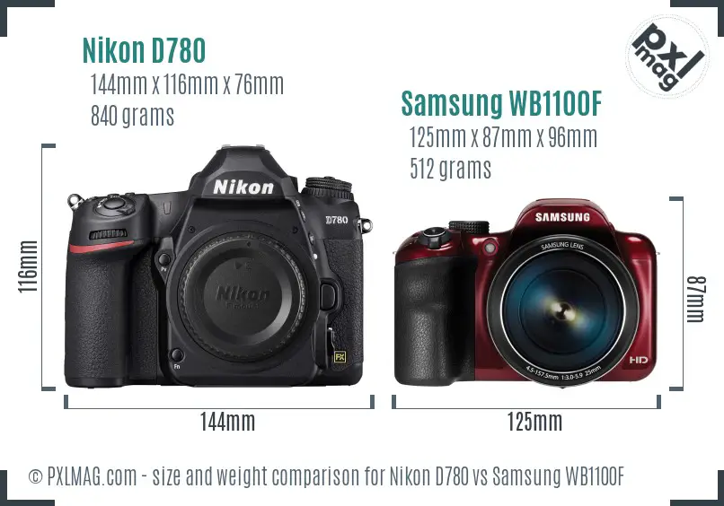 Nikon D780 vs Samsung WB1100F size comparison