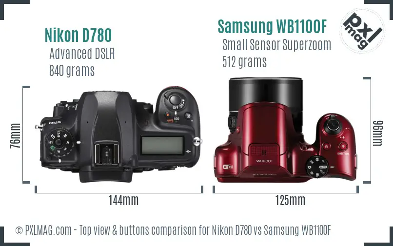 Nikon D780 vs Samsung WB1100F top view buttons comparison
