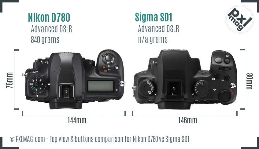 Nikon D780 vs Sigma SD1 top view buttons comparison