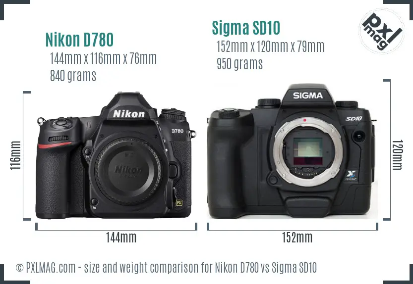Nikon D780 vs Sigma SD10 size comparison