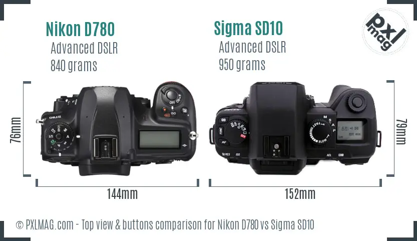Nikon D780 vs Sigma SD10 top view buttons comparison