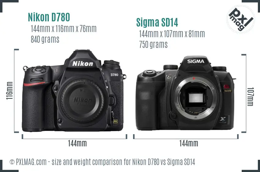 Nikon D780 vs Sigma SD14 size comparison