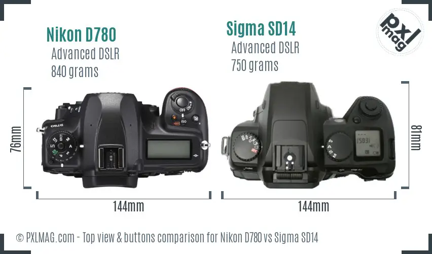 Nikon D780 vs Sigma SD14 top view buttons comparison