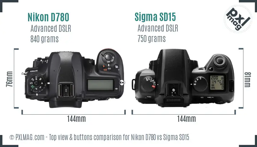 Nikon D780 vs Sigma SD15 top view buttons comparison