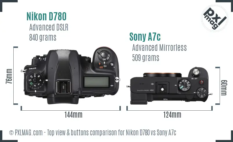 Nikon D780 vs Sony A7c top view buttons comparison Nikon D780 vs Sony A7c top view buttons comparison