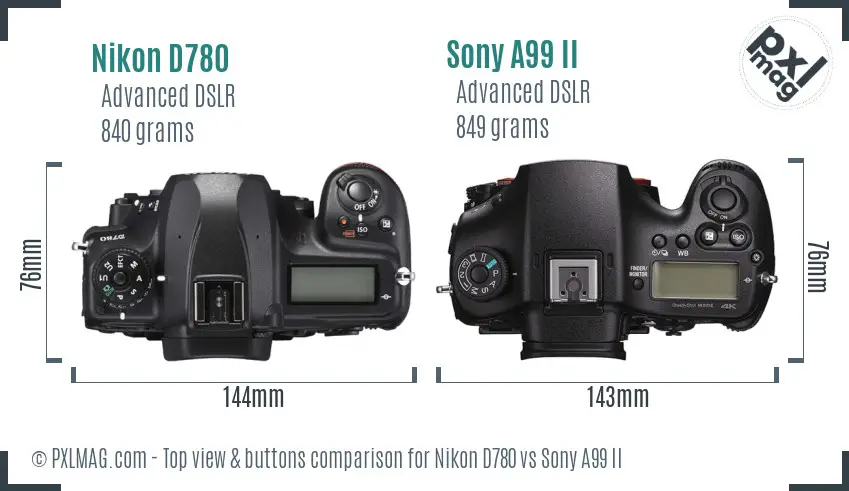 Nikon D780 vs Sony A99 II top view buttons comparison