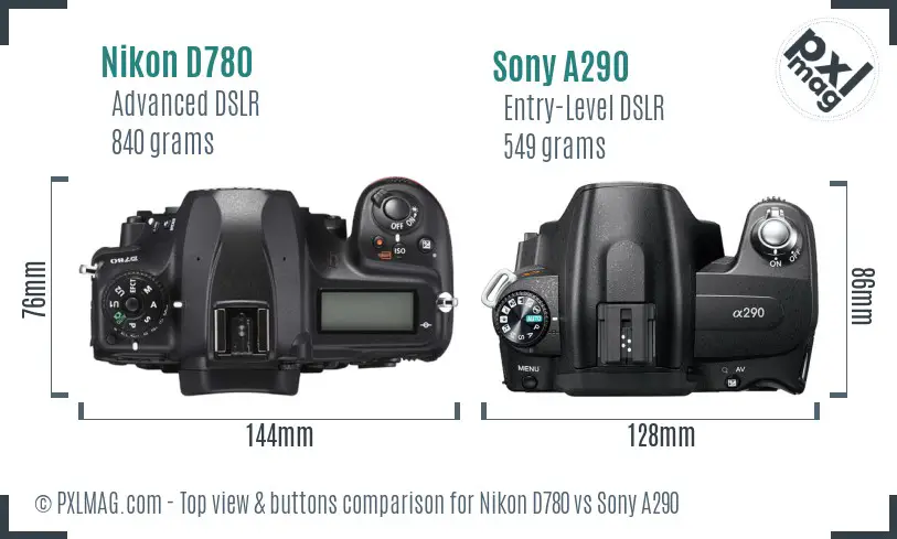 Nikon D780 vs Sony A290 top view buttons comparison