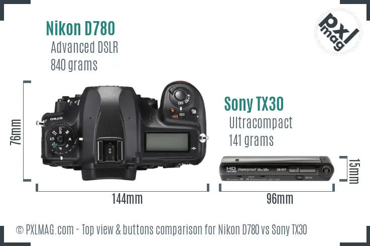 Nikon D780 vs Sony TX30 top view buttons comparison