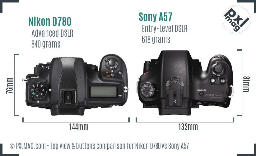 Nikon D780 vs Sony A57 top view buttons comparison Nikon D780 vs Sony A57 top view buttons comparison