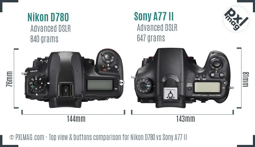 Nikon D780 vs Sony A77 II top view buttons comparison
