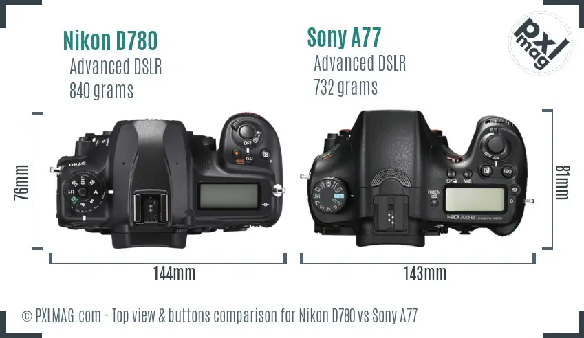 Nikon D780 vs Sony A77 top view buttons comparison