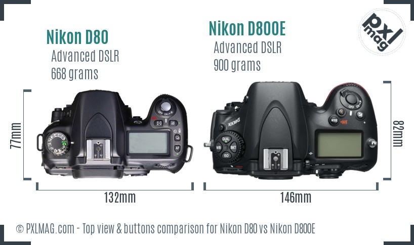 Nikon D80 vs Nikon D800E top view buttons comparison