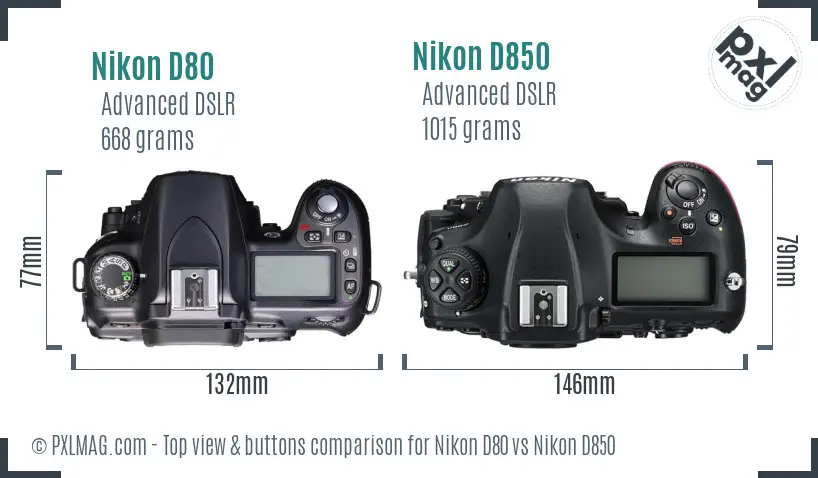 Nikon D80 vs Nikon D850 top view buttons comparison