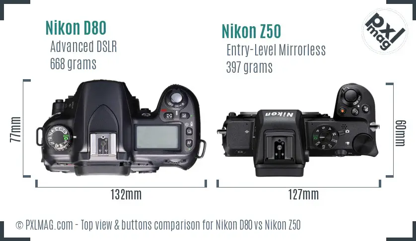 Nikon D80 vs Nikon Z50 top view buttons comparison Nikon D80 vs Nikon Z50 top view buttons comparison