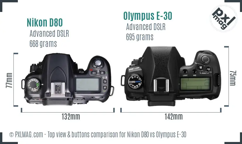 Nikon D80 vs Olympus E-30 top view buttons comparison
