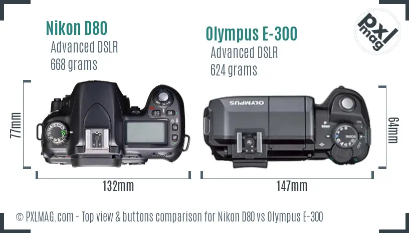 Nikon D80 vs Olympus E-300 top view buttons comparison