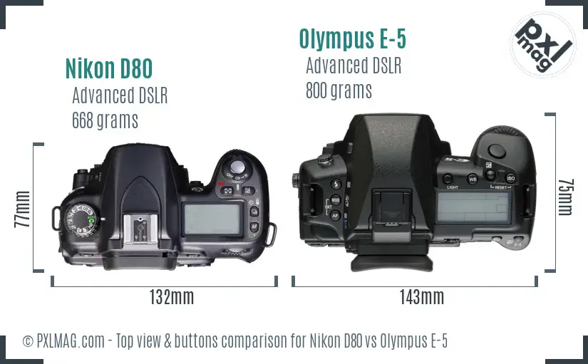 Nikon D80 vs Olympus E-5 top view buttons comparison