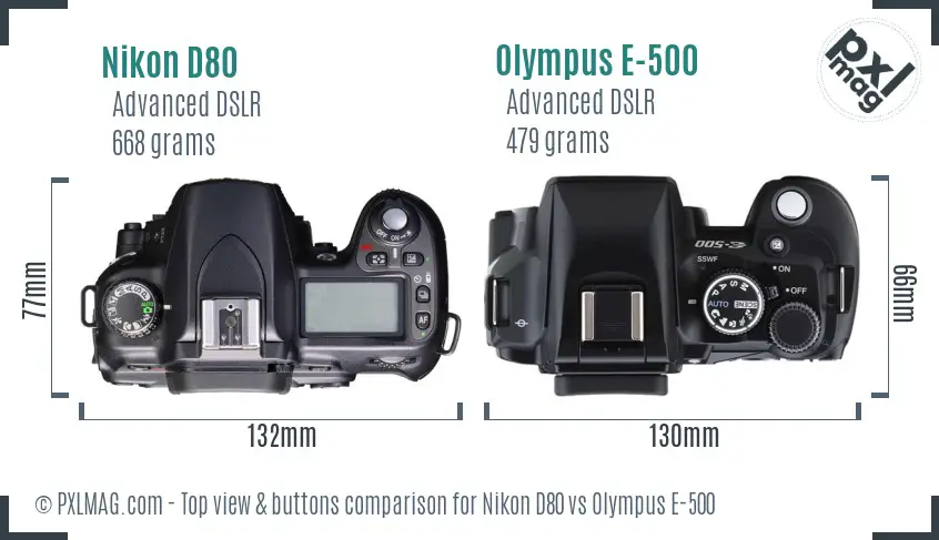 Nikon D80 vs Olympus E-500 top view buttons comparison