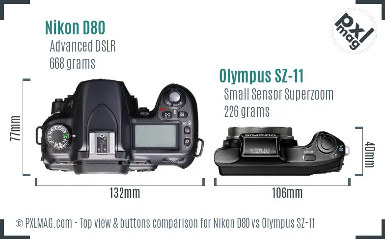 Nikon D80 vs Olympus SZ-11 top view buttons comparison