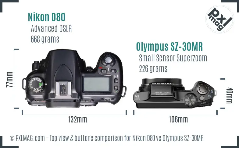 Nikon D80 vs Olympus SZ-30MR top view buttons comparison