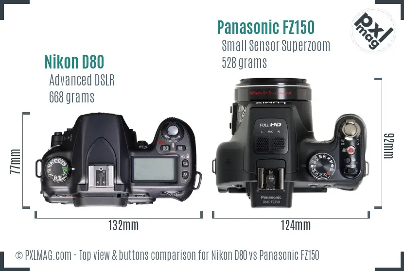 Nikon D80 vs Panasonic FZ150 top view buttons comparison