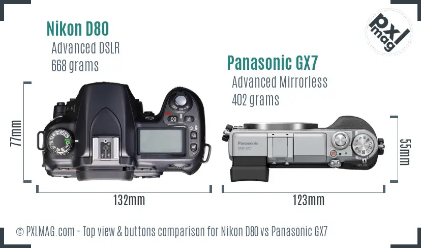 Nikon D80 vs Panasonic GX7 top view buttons comparison Nikon D80 vs Panasonic GX7 top view buttons comparison
