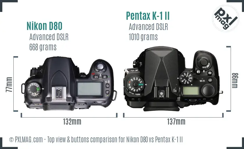 Nikon D80 vs Pentax K-1 II top view buttons comparison