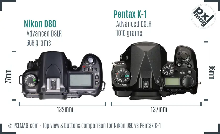Nikon D80 vs Pentax K-1 top view buttons comparison