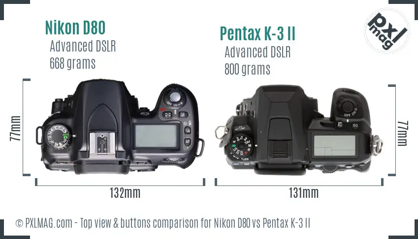 Nikon D80 vs Pentax K-3 II top view buttons comparison