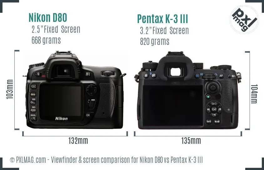 Nikon D80 vs Pentax K-3 III Screen and Viewfinder comparison